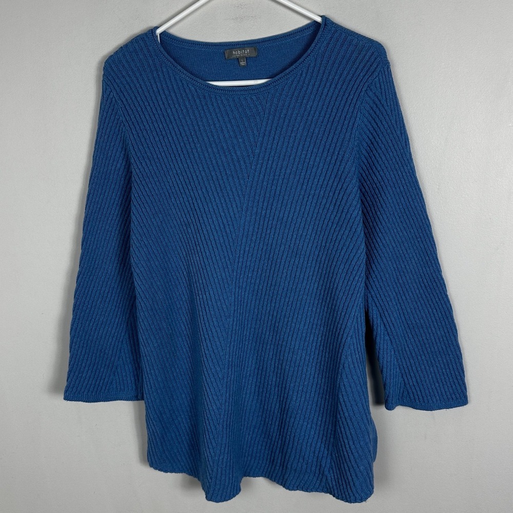 Habitat Clothes To Live In Blue Ribbed Sweater Womens Sz Large Knit 100% Cotton